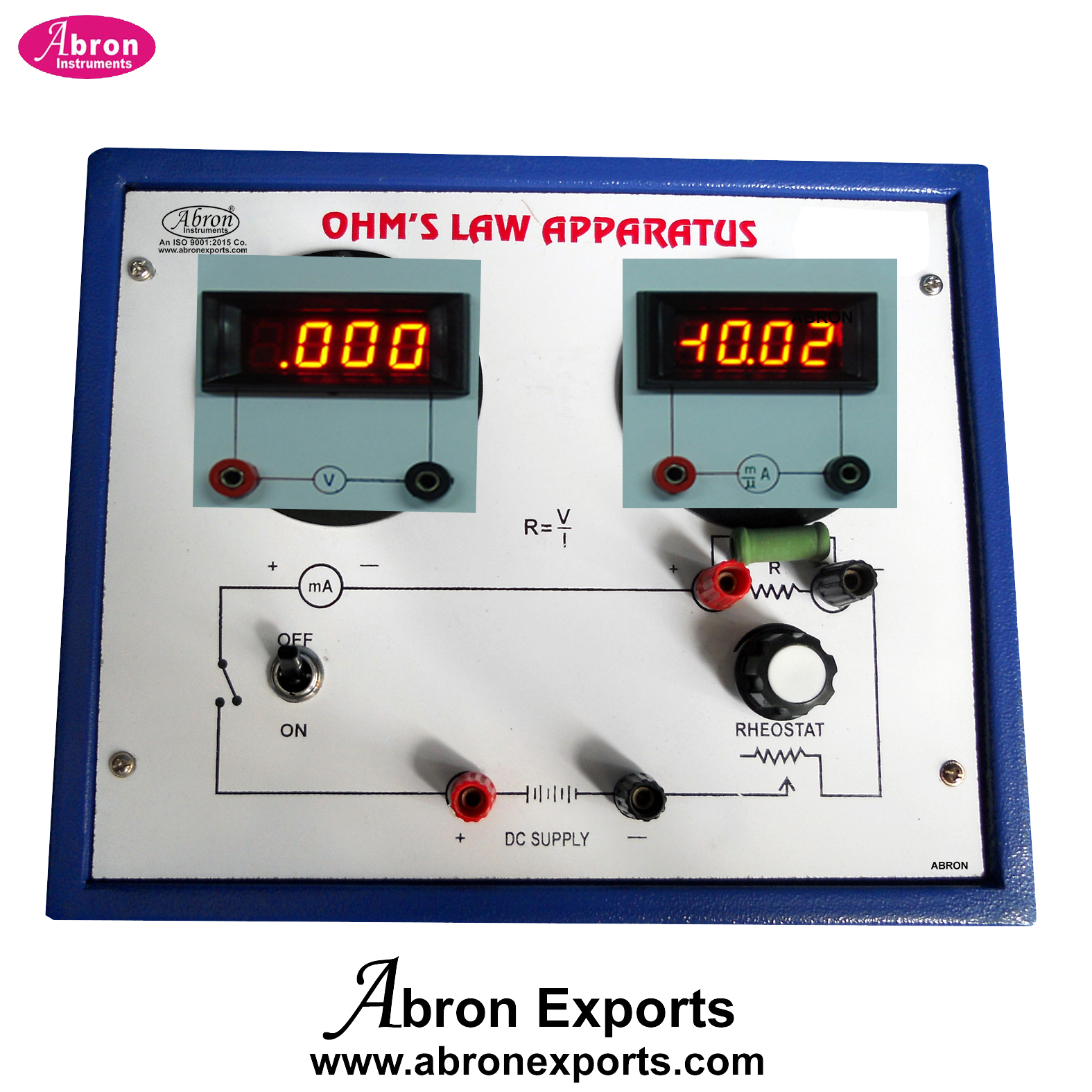Ohms Law 2 DC Digital Meters Voltmeter Ammeter Resistance Pot Rheostat Power Supply (Battery) Terminals Abron AE-1335D 